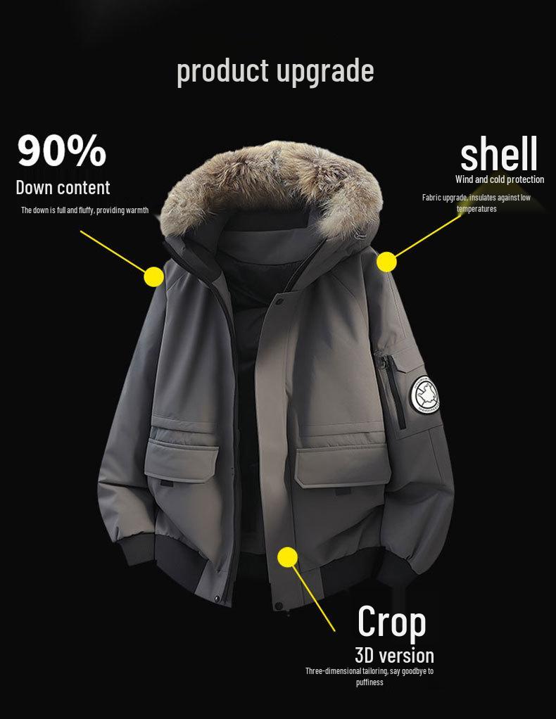 Men's Unisex Windproof Winter Workwear Down Jacket with Warm Hood & Large Fur Collar