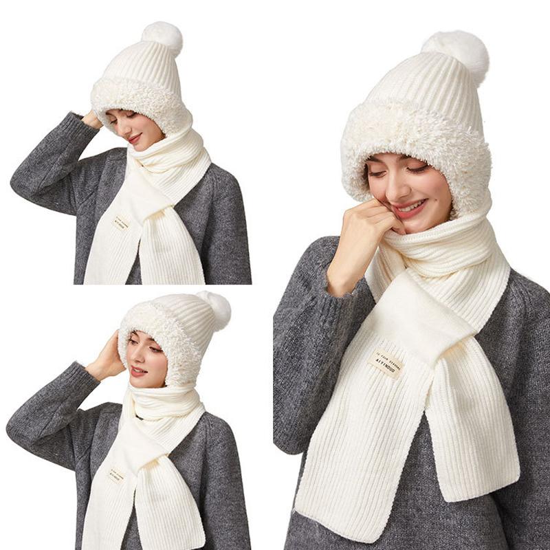 Winter Hat Long Scarf Integrated Wool Hat Women's Outdoor Ear and Neck Protection Double-Layer Velvet Warm Knitted Hat