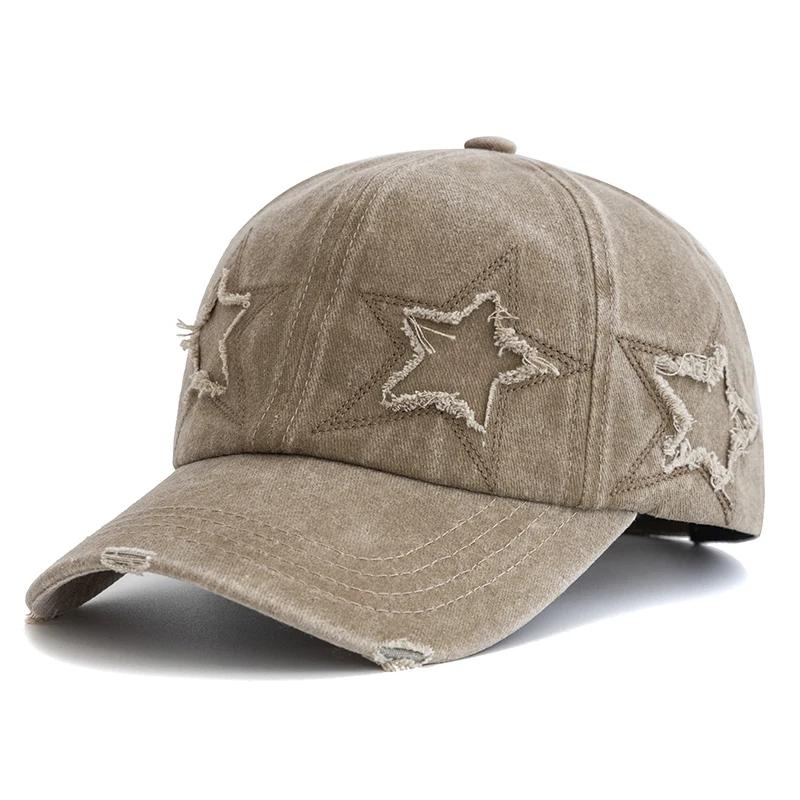 Neue Baseballkappe aus gewaschener Baumwolle mit fünfzackigem Stern-Design für Damen, modische Street-Dad-Mütze