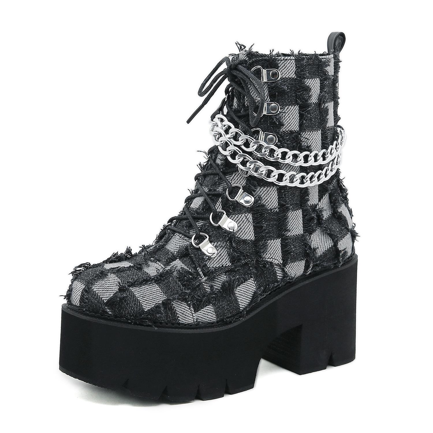 

Клетчатые женские туфли на цепочке супер высокий каблук толстая подошва водонепроницаемые настольные женские туфли толстый высокий каблук короткие ботинки 43 темно-серого