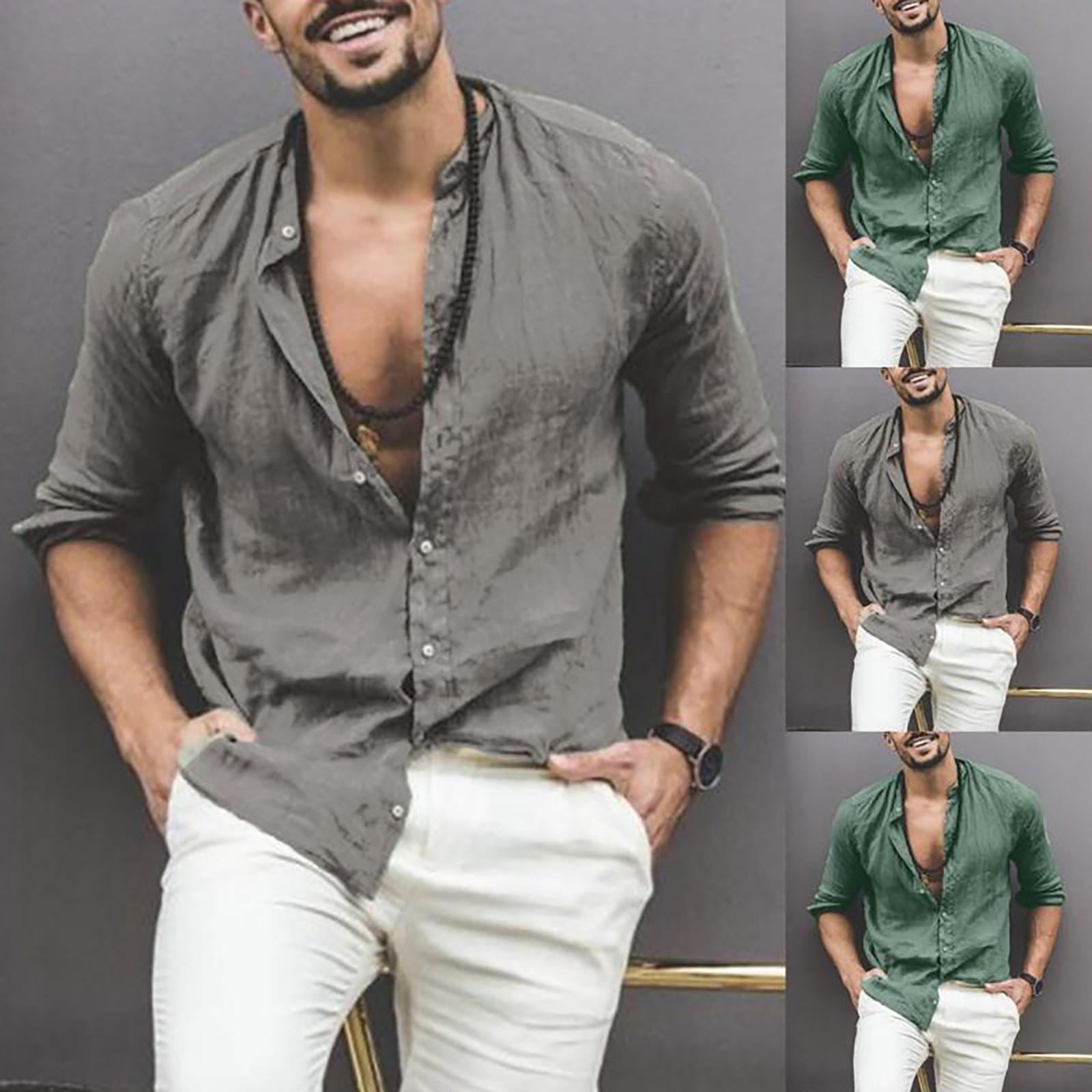 

Мужская весенне-осенняя свободная повседневная хлопково-льняная рубашка с длинным рукавом и верхней блузкой на пуговицах