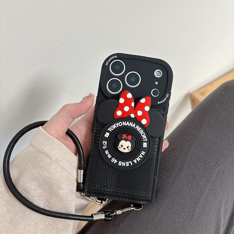 Cartoon Mickey Mouse Camera Wallet Mobile Phone Case Suitable For Iphone17 Card Pack Apple 16 Portable Lanyard 14 Anti-Drop
