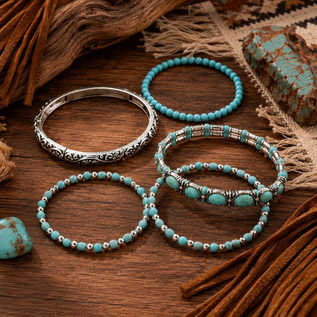 Turquoise Boheemse Multi-laags Verstelbare Elastische Armband voor Vrouwen