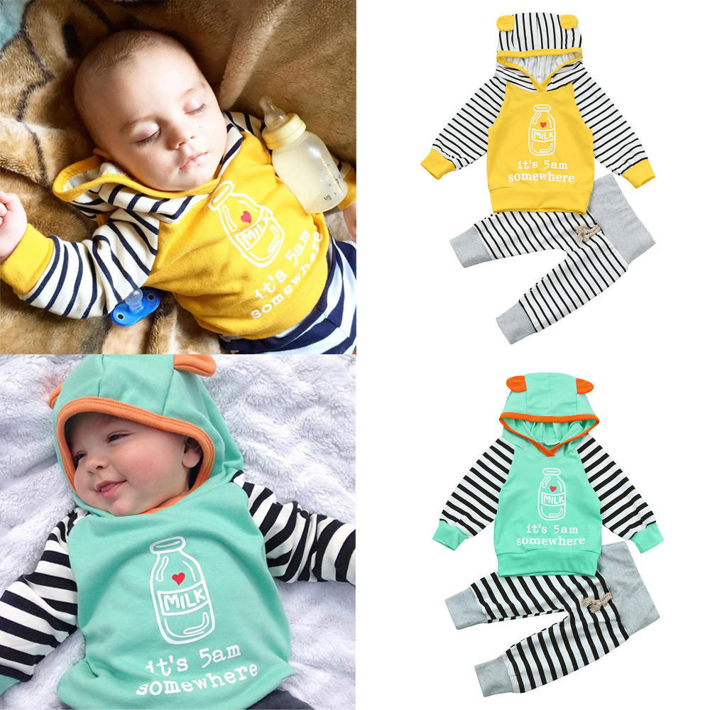 2PCS// Its 5am Somewhere Ear Hoodie Striped Pants Outfit for Newborns
