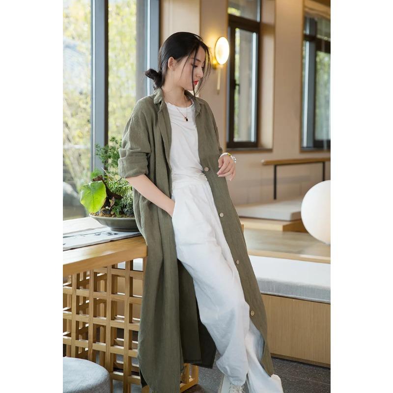 Women Vintage Linen Long Shirts Solid Color Long Sleeve Blouses Spring Button Turn Down Collar Shirt