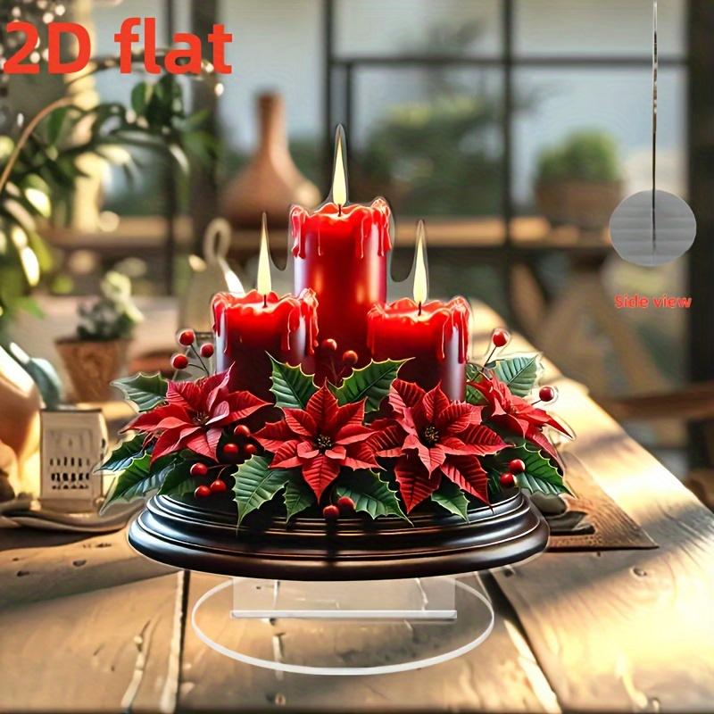 2D Flat Red Candle and Plant Bouquet Acrylic Desk Decor, Candles and Flowers, Suitable for wall decoration, porch, room, villa, accents Home, Hallway,