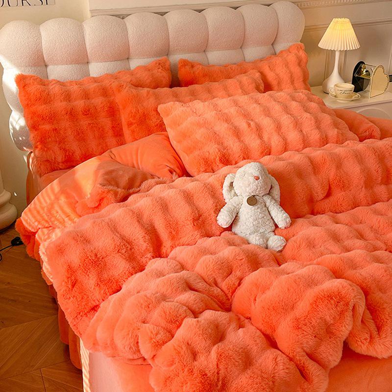 Premium Winter Rabbit Fur Plush Four-Piece Set: Thickened Coral Fleece & Milk Velvet Duvet Cover with Faux Fur Three-Piece Bed Sheet Set.