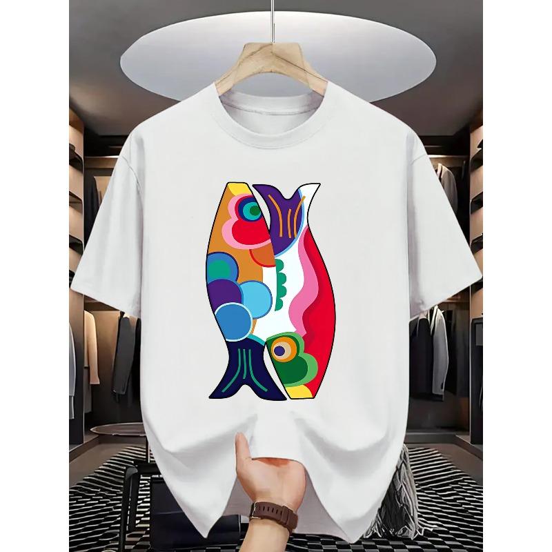 

Мужская футболка с принтом в виде рыбок, европейский размер, повседневная футболка с коротким рукавом, модная футболка с 2D принтом, мужская графическая футболка S белый