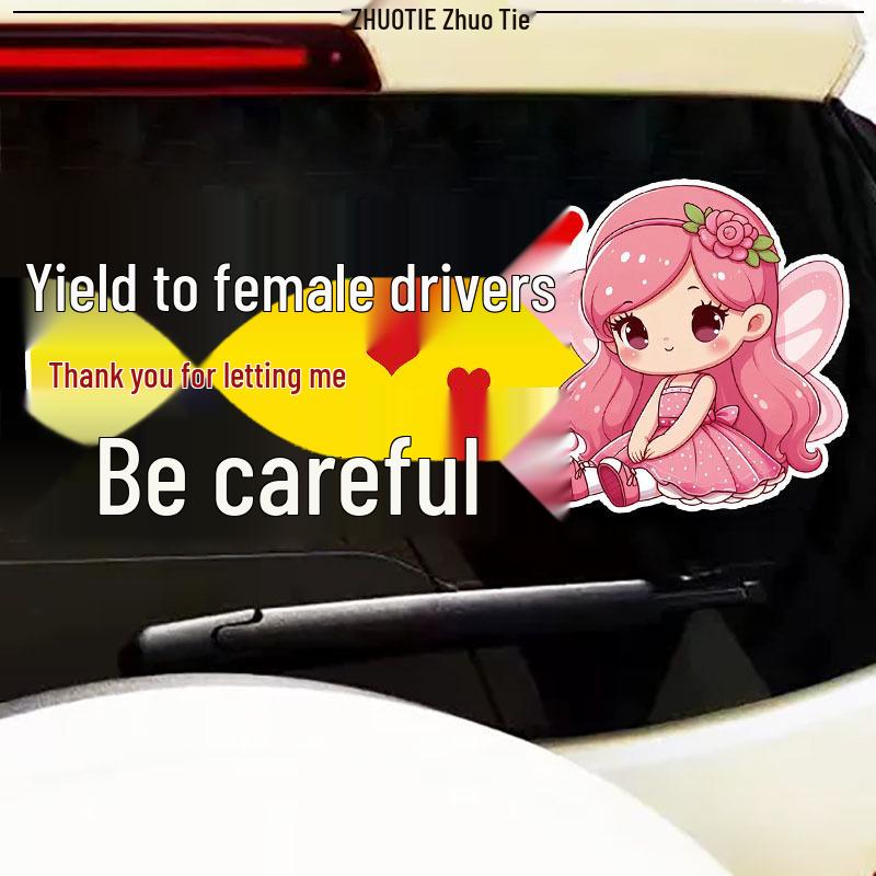 Reflective Cute Cartoon Text Sticker: 'Yield to Female Drivers' - Waterproof Rear Windshield Accessory