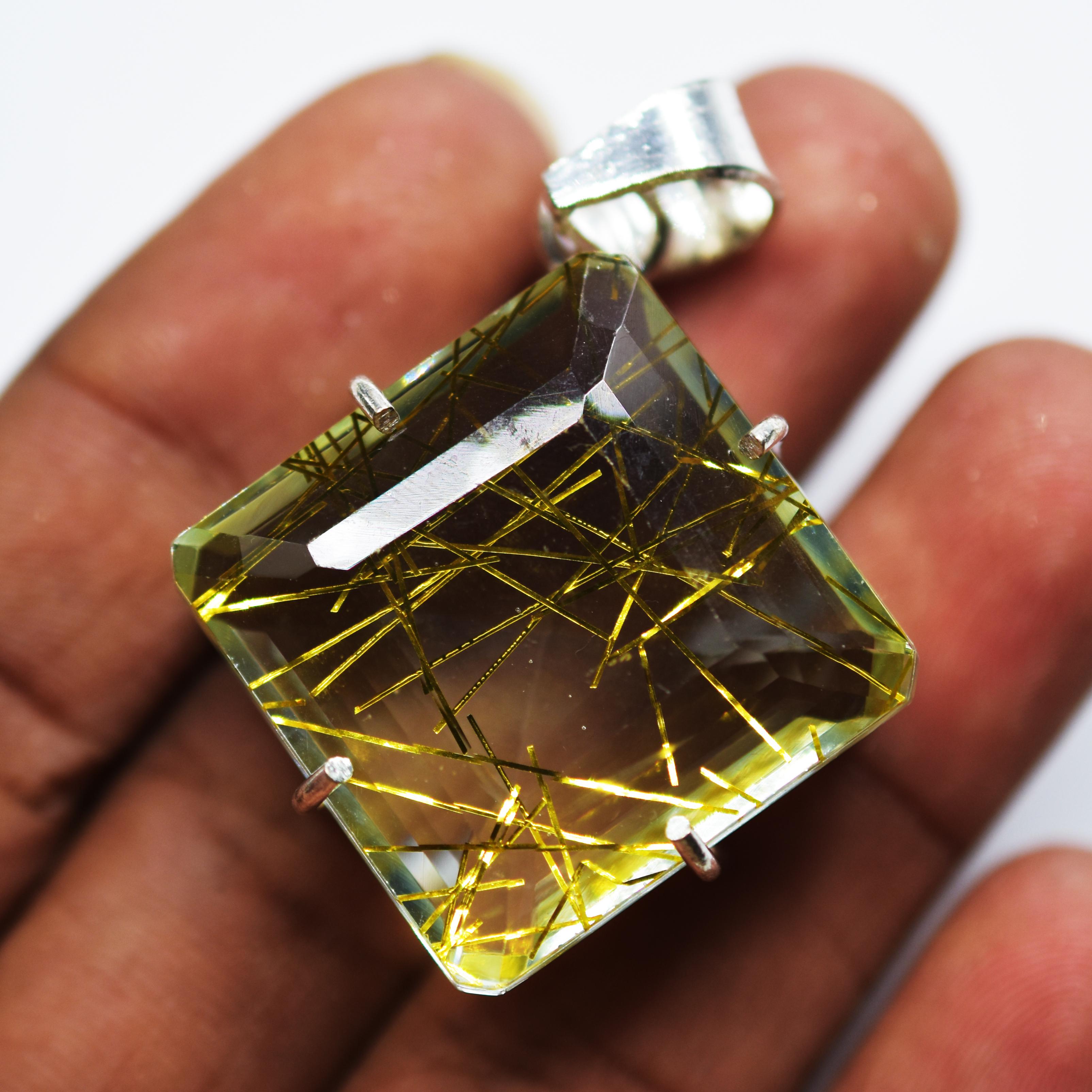 

Lab Crated Yellow Rutilated 925 Sterling Silver Pendant 81.20 Ct Gems Certified my-343-k 40.5 mm approx жовтий