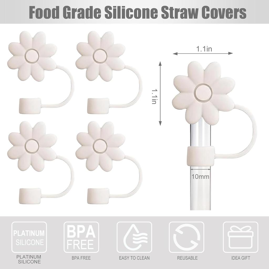 4 PCS Flower Straw Covers Toppers for Stanley Cups 30&40 Oz Tumbler Accessories, Adjustable Straw Covers, Silicone Straw Caps for Stanley Cups