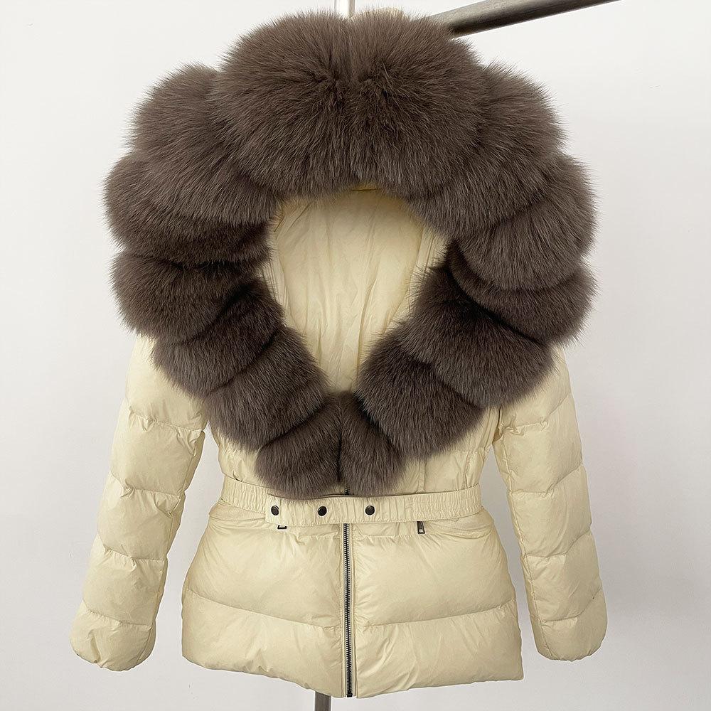 Winter new popular women's natural real fox fur collar white duck down jacket thickened waist slim down jacket