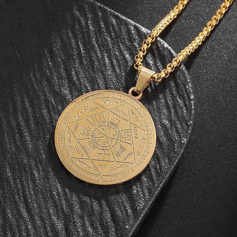 Angel Pendant with Scripture Seal Totem Runes Tag Made of Stainless Steel Round Plate for Men's Necklace