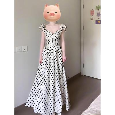 Retro Gentle Wind Black and White Polka Dot Small Flying Sleeve Dress Vacation Style Temperament Waist a Word Long Dress Summer
