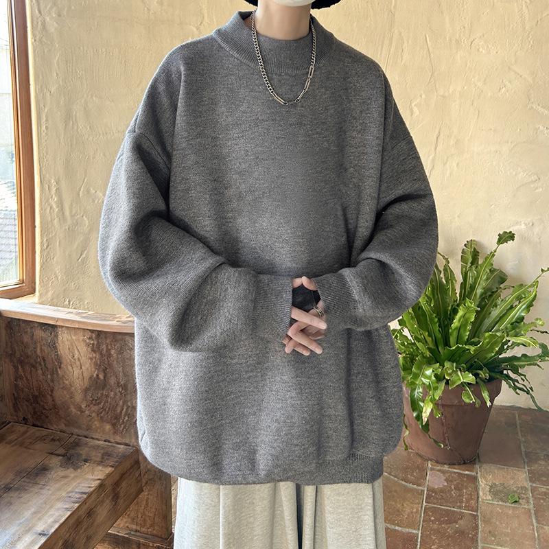 Men's Trendy Loose Round Neck Sweater - Spring/Autumn Solid Color Knitwear, Hong Kong Style Casual Outerwear