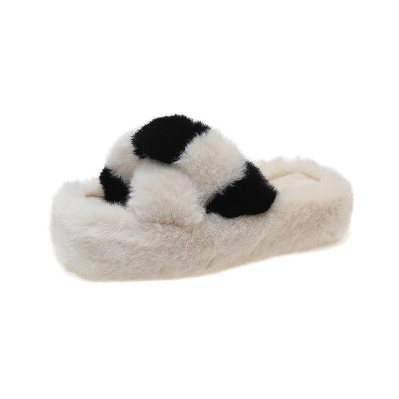 

2025 autumn and winter new color matching cross Mao Mao slippers women s home indoor and outdoor warmth one-word thick-soled Mao Mao women s shoes 35