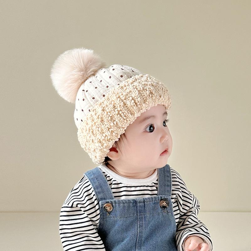 Warm Baby Beanie for Boy Girl Simplicity Solid Color Dot  Style Hat for Toddler Autumn Winter Warm Hat with Plush Ball
