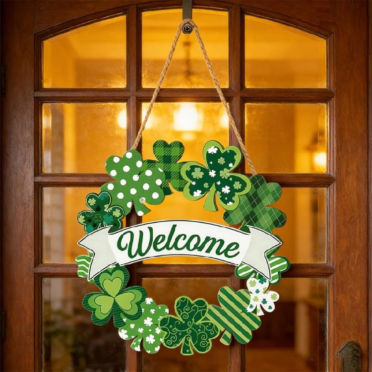 Patricks Day Wooden Wreath for Front Door Decoration Welcome Irish Shamrock Door Sign Spring Hanging Decors for Party