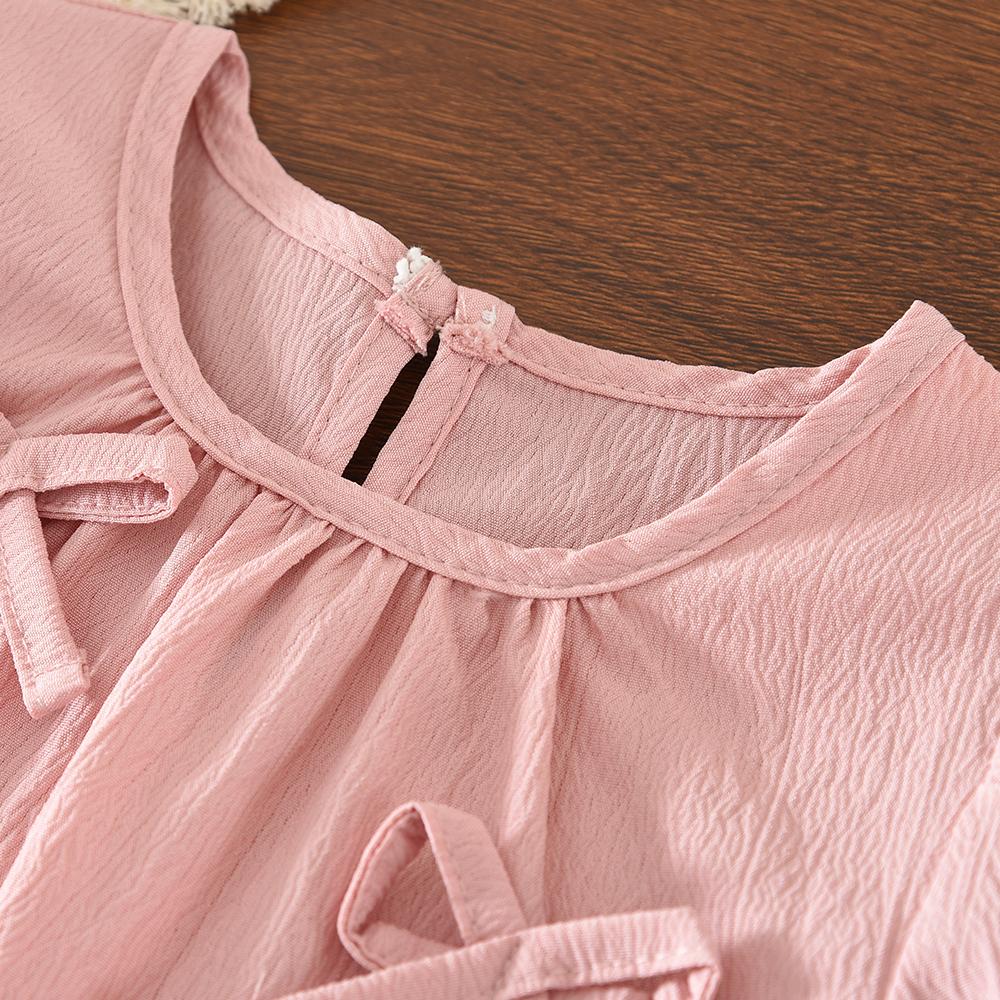Pink Sweet and Cute Korean Version Fashion 3-7 Year Old Girl Casual Suit Bubble Sleeve Bow Top+Pants Two Piece Set Summer