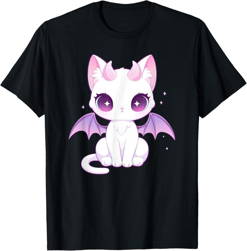 Kawaii Pastel Goth Cute Creepy Cat Bat Skeleton T-Shirt Print Original Design Gifts T Shirts Mens Clothing Camisas Streetwear