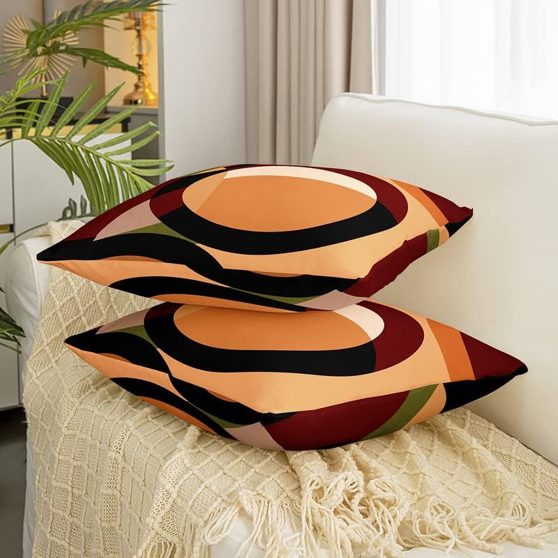 Pack of 2 Geometric Brown Red Green Decorative Throw Pillow Covers, Soft Geometry Square Cushion Case Set for Couch Sofa Bedroom Living Room, Stripe