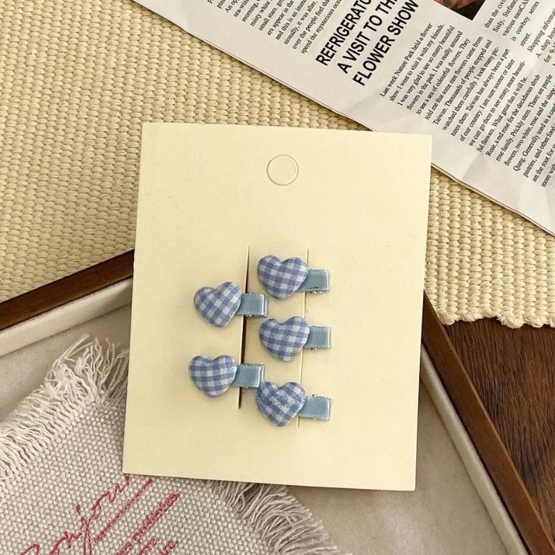 5Pcs Sweet Korean Fabric Plaid Mini Love Hairpin Cute Small Duck Bill Clip Baby Plaid Broken Hairpin