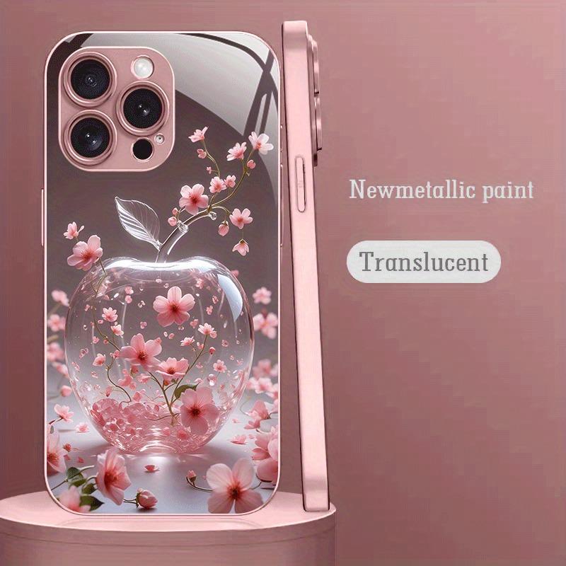 Cherry Blossom For Apple Pattern Pink Metal Paint Tempered Glass Case For iPhone 17 16 15 14 13 12 Pro Max Plus 16E 17Air Cover