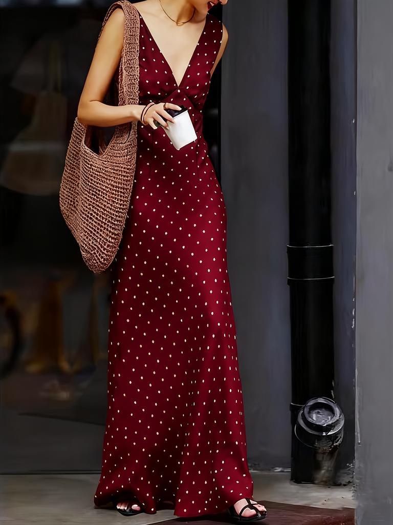 Women Sleeveless V Neck Polka Dot Print Maxi Dress Solid Color Casual Beach Dress