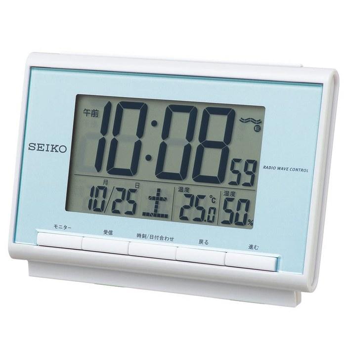 Seiko Clock SQ698L — Light Blue Pearl Digital Alarm Clock with Calendar, Temperature & Humidity Display