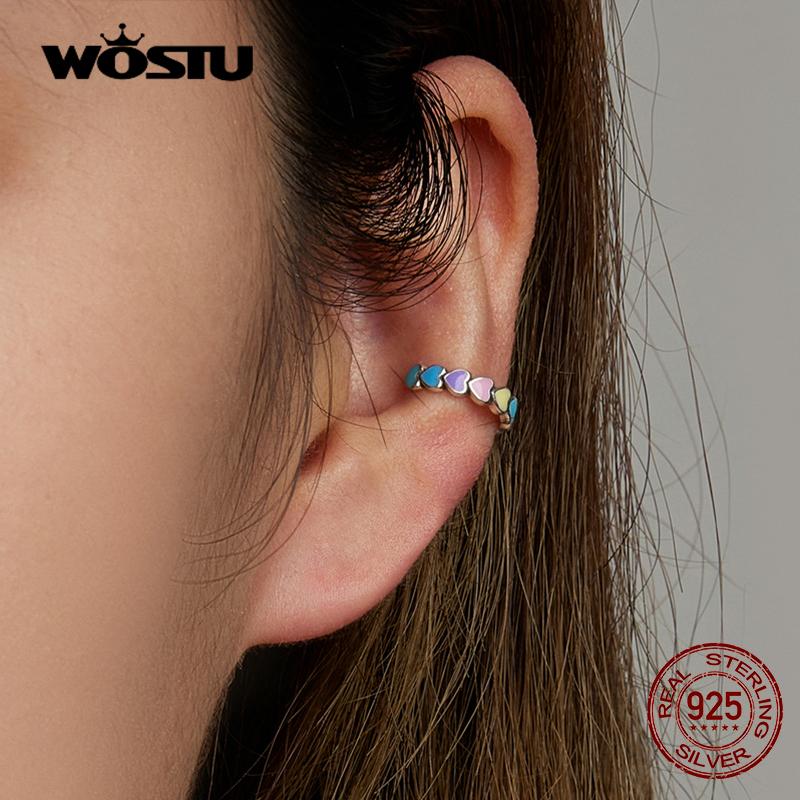 WOSTU Real 925 Sterling Silver Rainbow Heart Mono-Ear Cuff for Women Fashion Colorful Ear Clip Fine All-match Jewelry 1 Piece