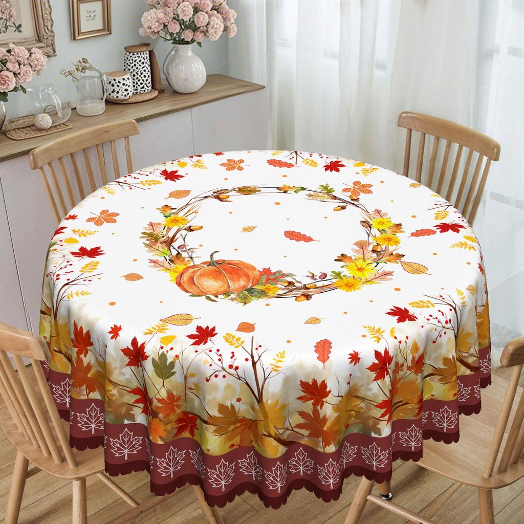 European Pastoral Table Cloth, Pumpkin + Maple Leaf Printing, Rectangular/Round/Multi-Specification Suitable Tablecloth