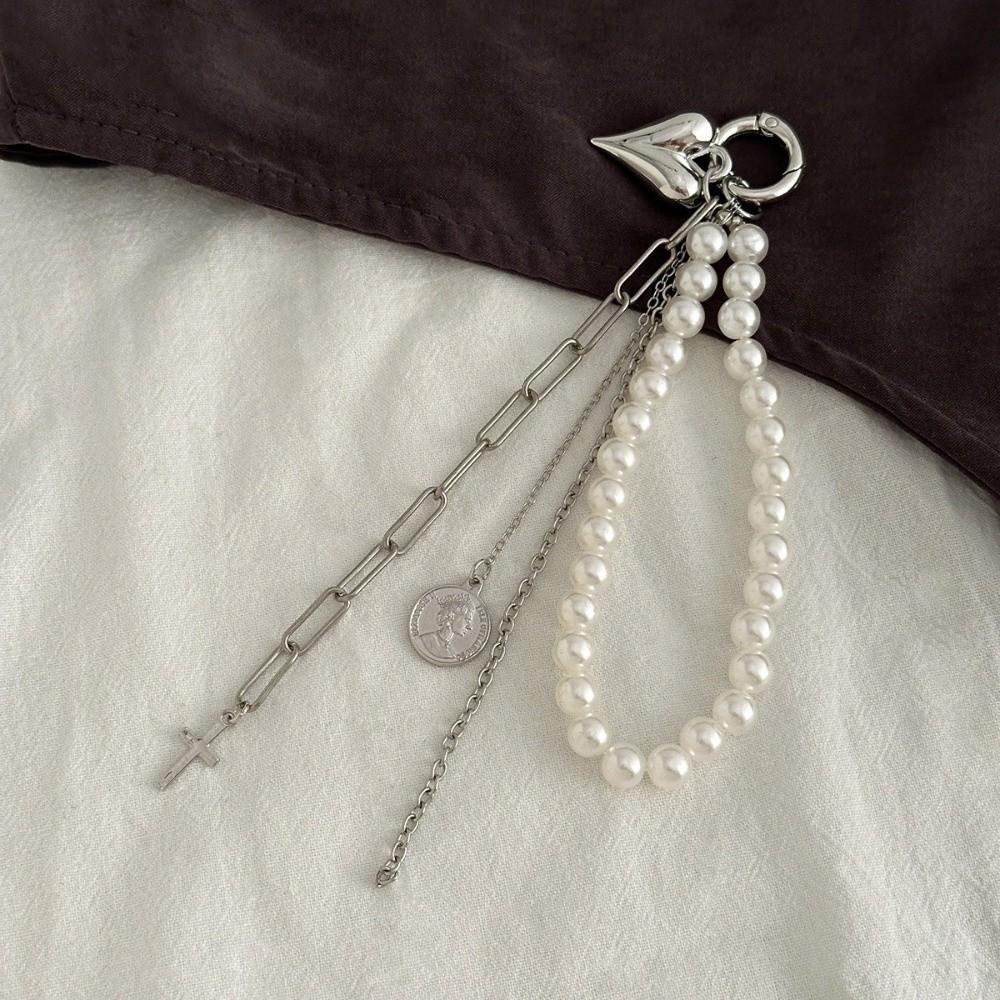Star Rivet Pearl Beadeds Keychain Metal Peach Heart Key Ring Fashion Chain Bag Pendant  Decoration