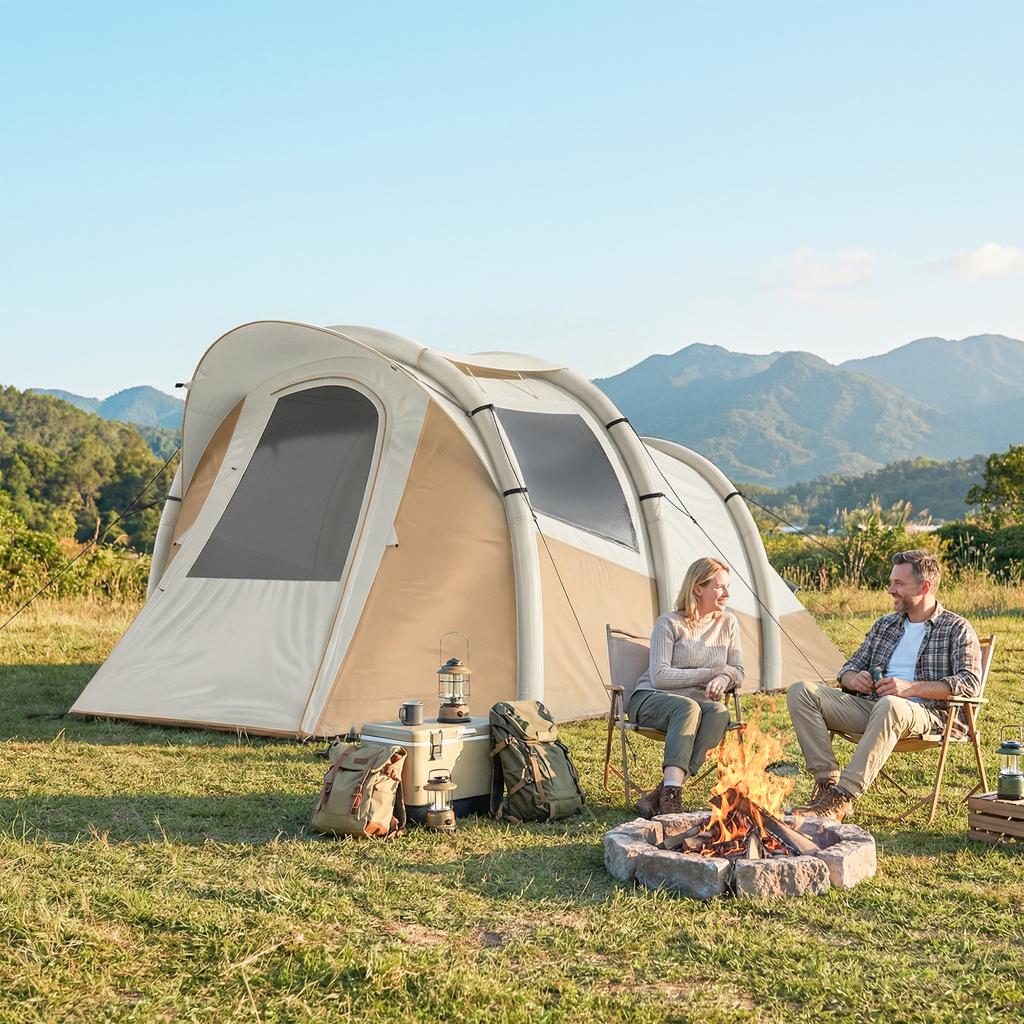 Inflatable Camping Tent w/ Air Pump, Easy Setup 2-3 Person Blow Up Tent, Khaki