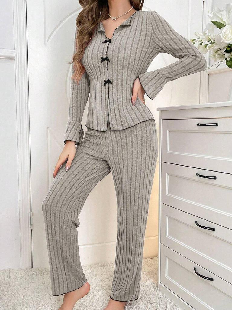 Europäischer und amerikanischer Damen-Revers-Schleifen-Pyjama-Set - Sexy Oberteil mit langen Ärmeln & lange Hose für Herbst/Winter