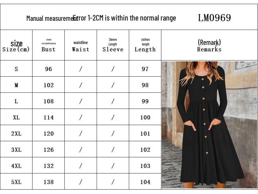 2025 Autumn Cross-Border Women's A-Line Dress - Waist-Cinching, Round Neck, Button Pocket, Knit Long Sleeve