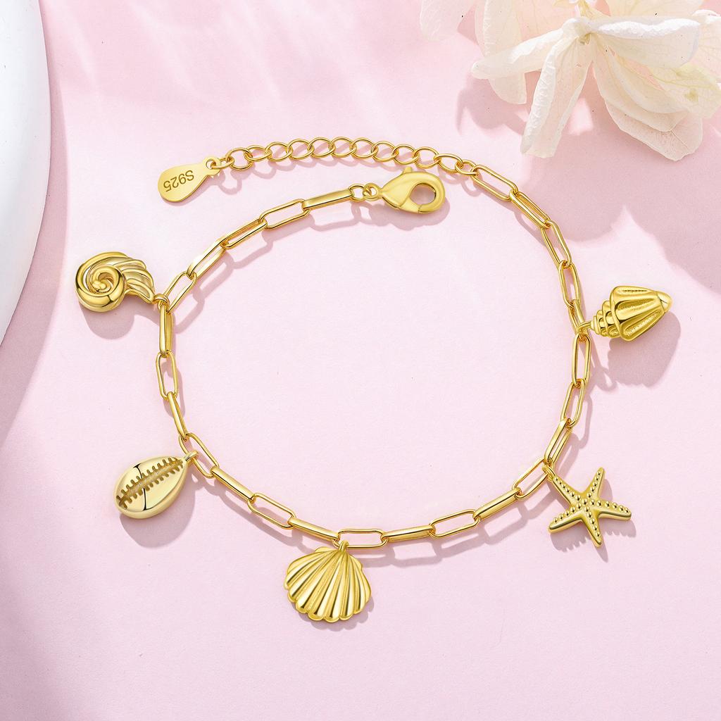 Orstarry S925 Silver Sea Shell Sea Star Bracelet Chain Gold-plated Adjustable Bracelet Chain Charms Jewelry Gift