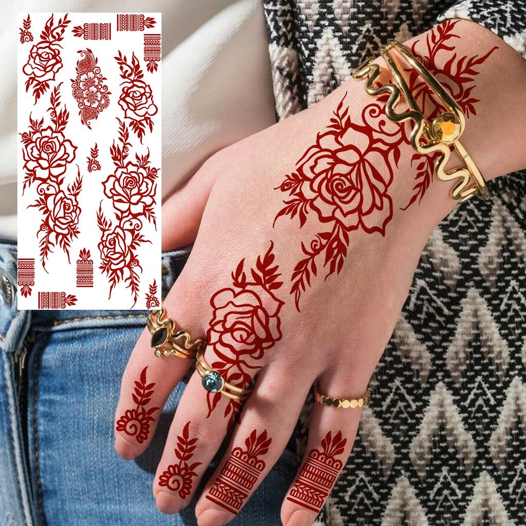 1 Foglio Hennè Ramadan Stile Indiano Tatuaggi Temporanei Per Mani Dita Donne, Adesivi Finti Tatuaggi Lunga Durata Realistici