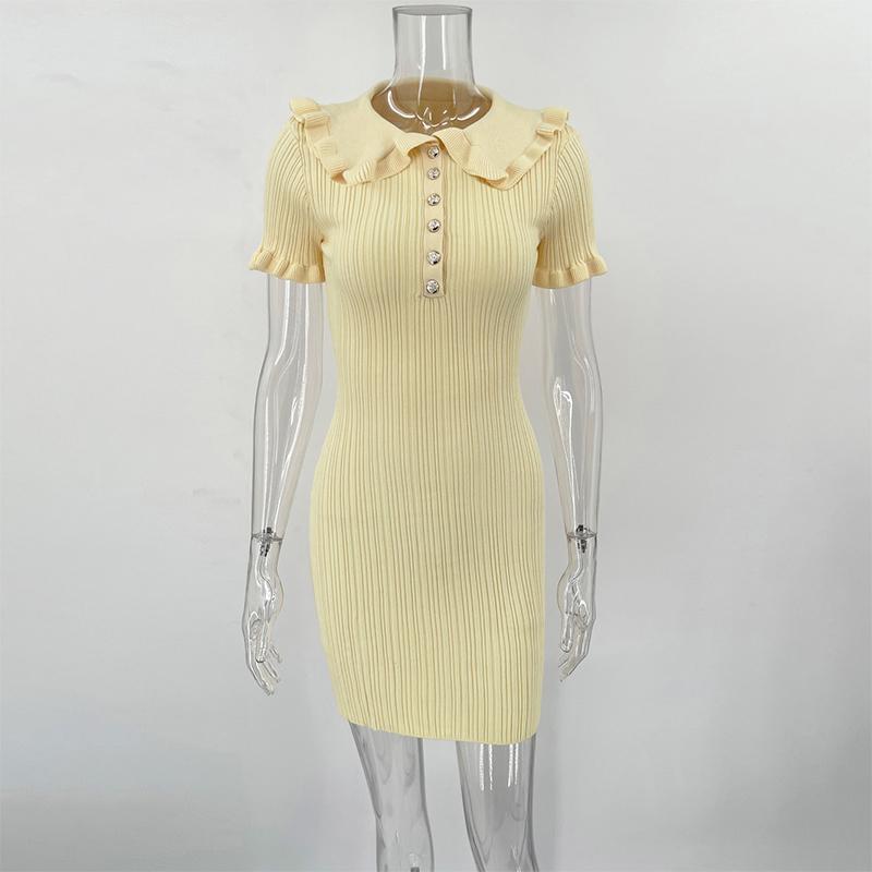 Women's Knitted Dress Summer High Waist Short Sleeve Ruffle Neck Bodycon Dresses Femme Slim Vacation Clothes French Vintage Elegant Evening Dress