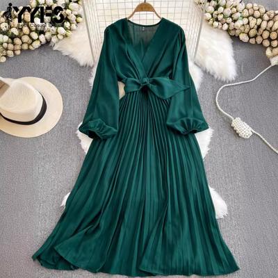 Women's Fashion Spring Fall Solid Color Print Long Sleeve V-Neck High Waist Casual Dresses