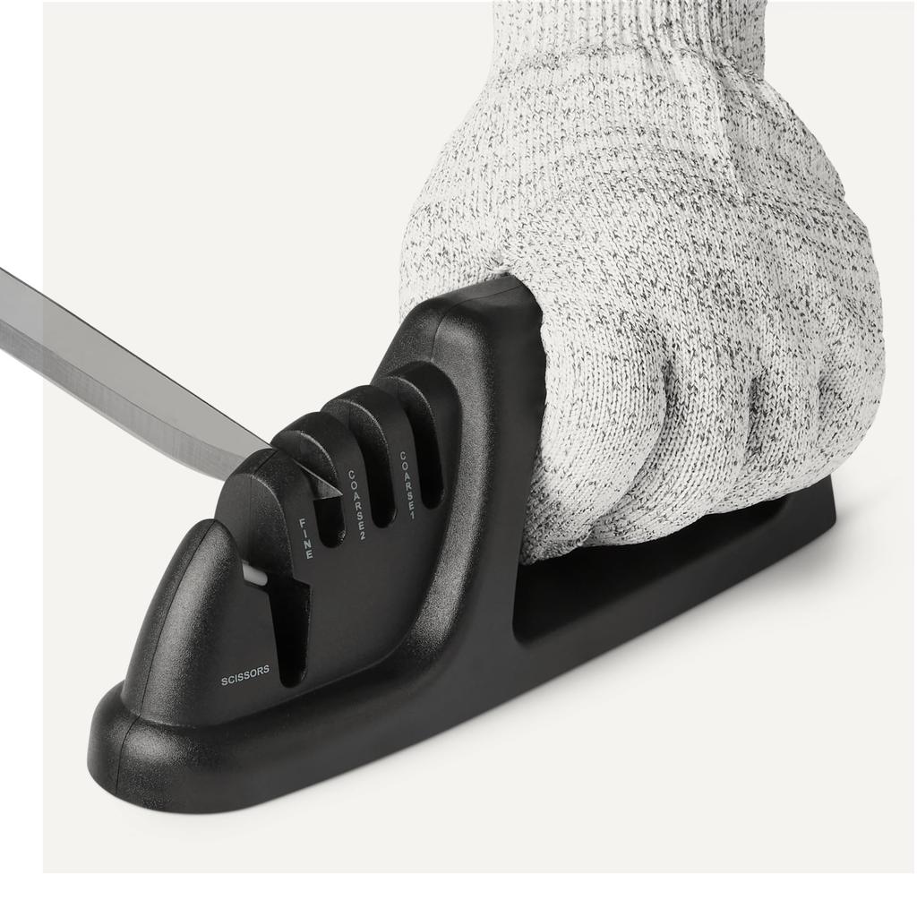 Amazon Basics Knife Scissors Sharpening Safety Gloves Included 4-in-1 Sharpener, Sharpener, 3-Stage (Coarse, Medium, Fine), Non-Slip Base,
