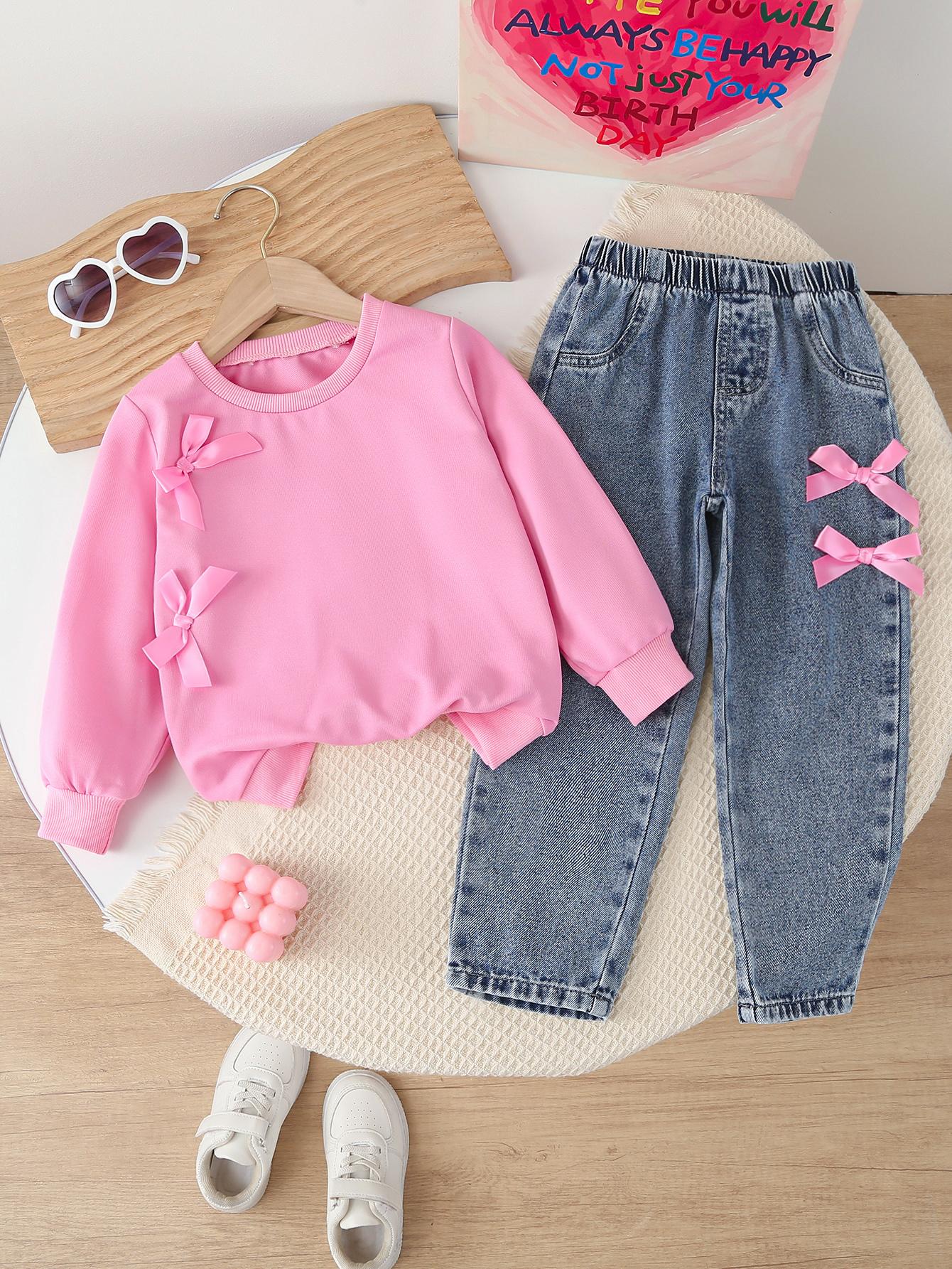 New Spring/Autumn 2-Piece Set for Little Girls: Cute Pink Bow-Accent Top and Casual Snowflake-Print Denim Pants with Bow Detail 4Y розовый