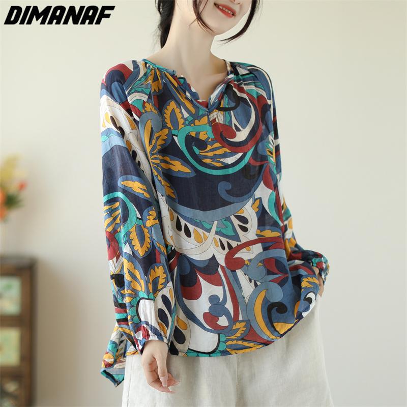 

DIMANAF 2023 Летние женские блузки больших размеров с точечным принтом топы футболки рубашка свободная повседневная одежда с V-образным вырезом и длинным рукавом