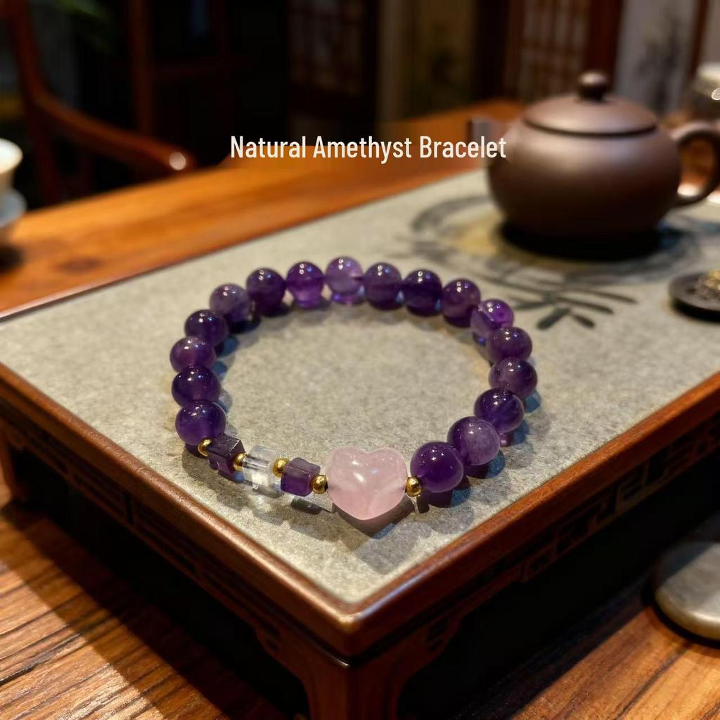 Natürliches Amethyst- und Rosa-Kristall-Perlenarmband - Einfacher Chinesischer Stil