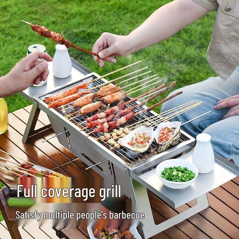 Compact Stainless Steel Outdoor Charcoal BBQ Grill with Skewer Rack and One-Second Folding Design