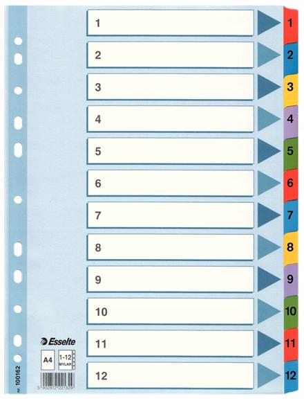 Esselte Mylar A4 Cardboard Divider Indexed 1-12 /12 Cards/ 100162