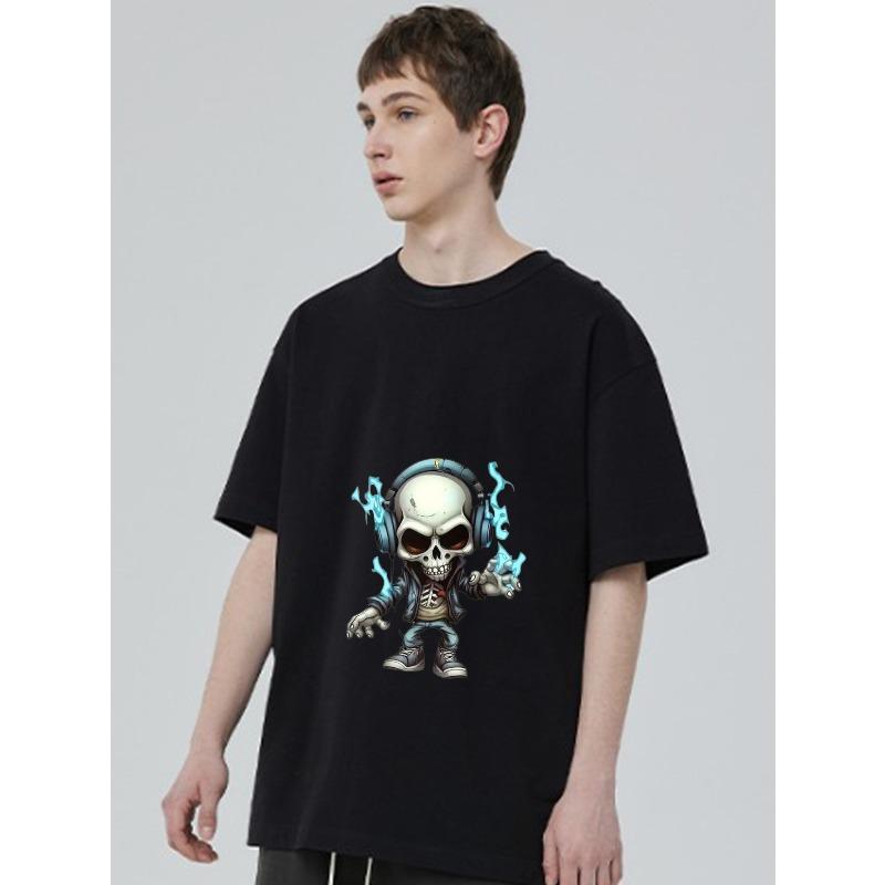 Crewneck T Shirt Black Skull with Headphones and Blue Flames Graphic Print for Casual Wear