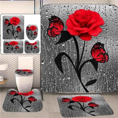 Flowers Rose Print 3D Shower Curtain Waterproof Polyester Bathroom Curtain Anti-slip Bath Mat Toilet Rugs Carpet Bath Decor