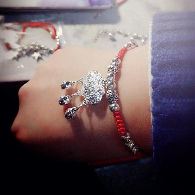Retro red rope bracelet, small fresh couple bell, long life lock, safe anklet, handmade hidden silver jewelry.