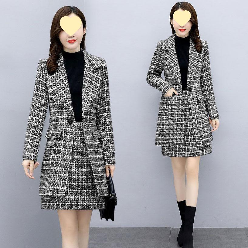 Koreanischer Stil Damen Wollmantel & Kleid Set: Herbst/Winter Karierter Zweiteiler Mode 2025