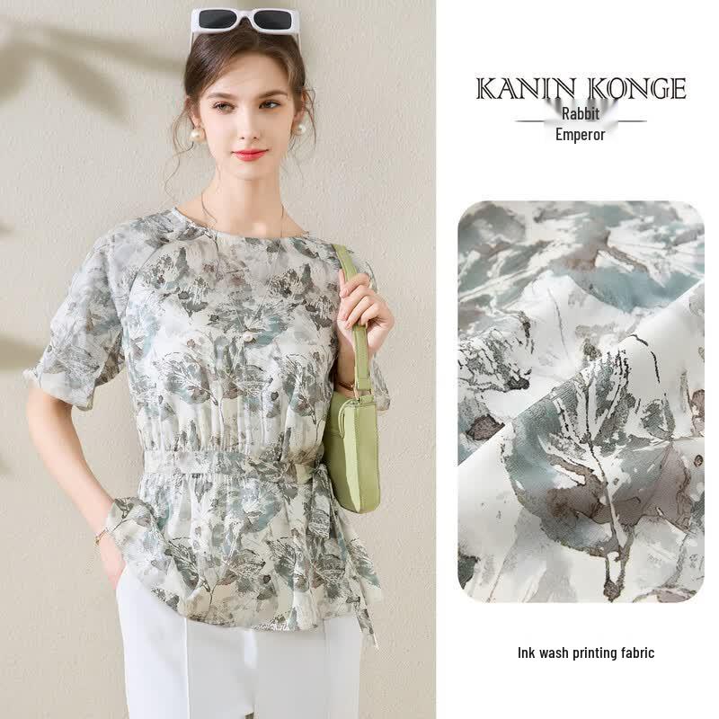 TUHUANG Mulberry Silk Blend Floral Print Short Sleeve T-shirt XL